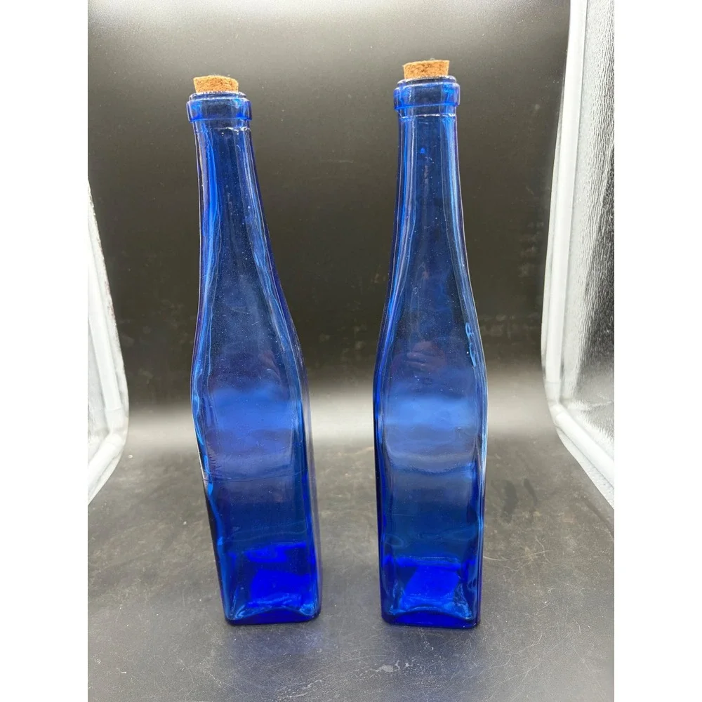Vintage Cobalt Blue‎ Glass Bottles with Cork Stoppers Square Base Set of 2